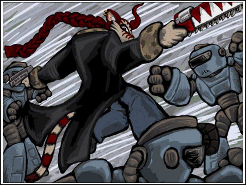 escher vs robots battle scene