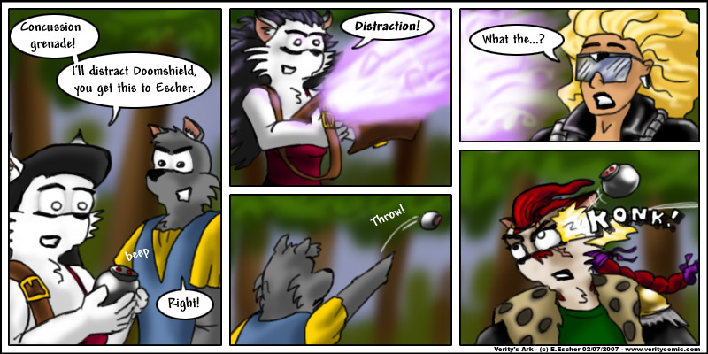 escher gets hit in the head by a grenade