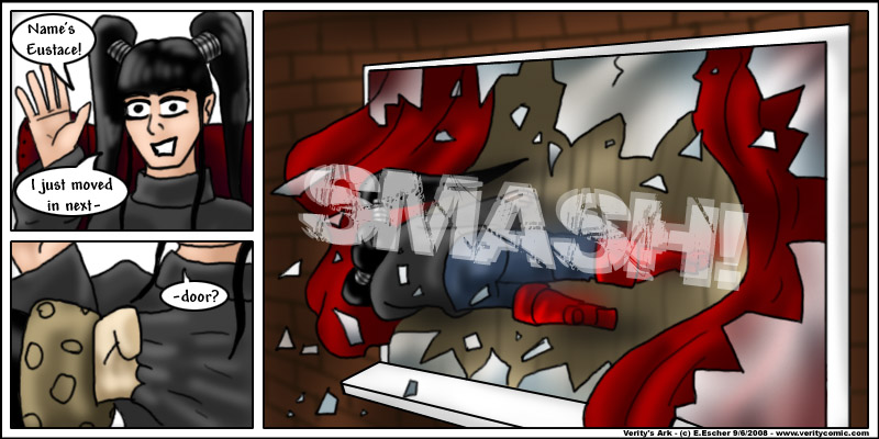 Escher throws Eustace through the front window