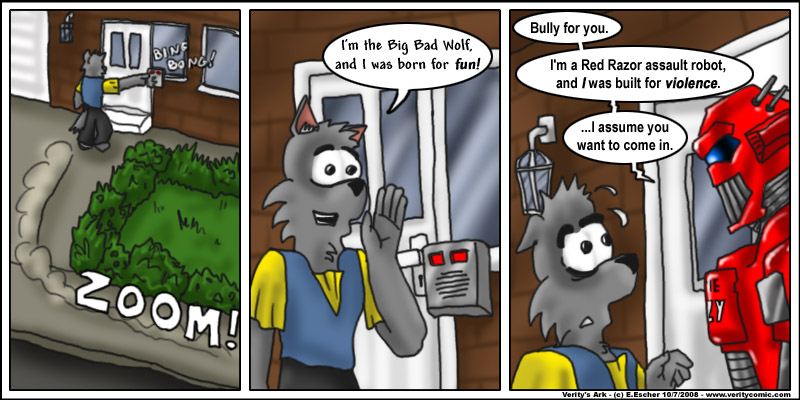 Isegrim rings the doorbell, and a red robot answers.