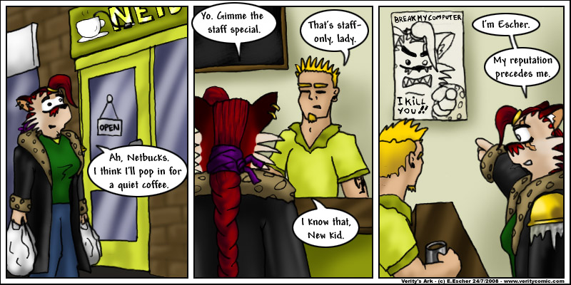 Escher pops into work for a coffee