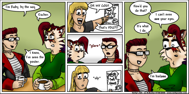 Ruby glares at a girl for daring to mock the poster