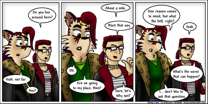 Escher and Ruby walk home from the coffee shop