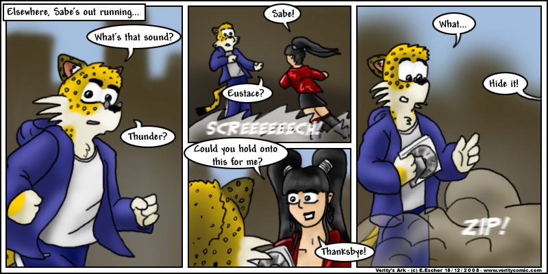 Eustace hands a disc to Sabe