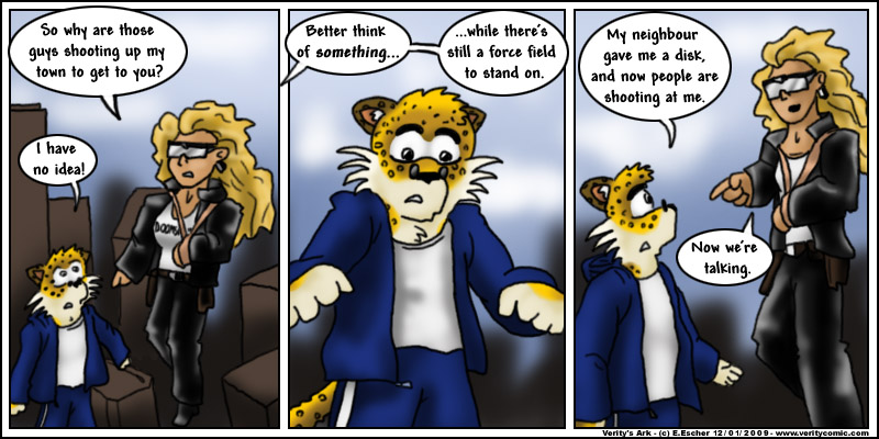 Doomshield and Sabe hover high in the air