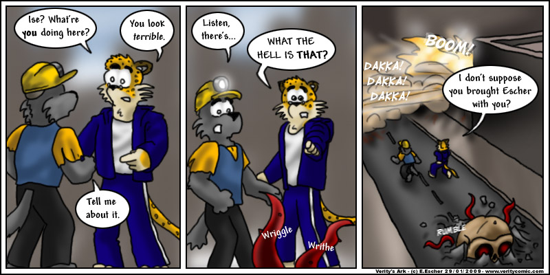 Isegrim and Sabe run away from a monster