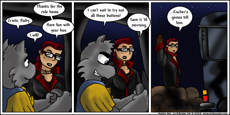 Isegrim gives Ruby a lift home in his new bus