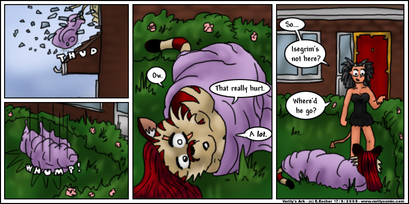 Escher lands heavily in her front garden