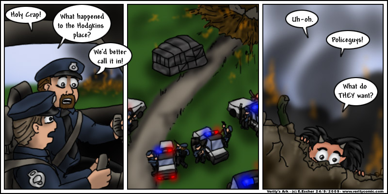 Police surround the battlebus while Miki watches