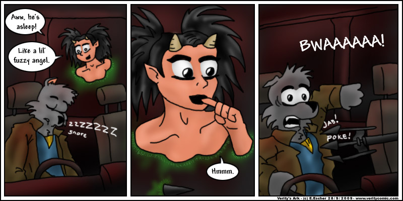 Miki wakes isegrim up with her pitchfork