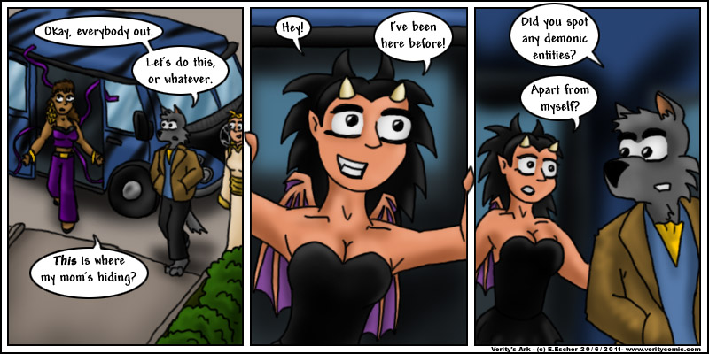 The crew arrive at Escher's house