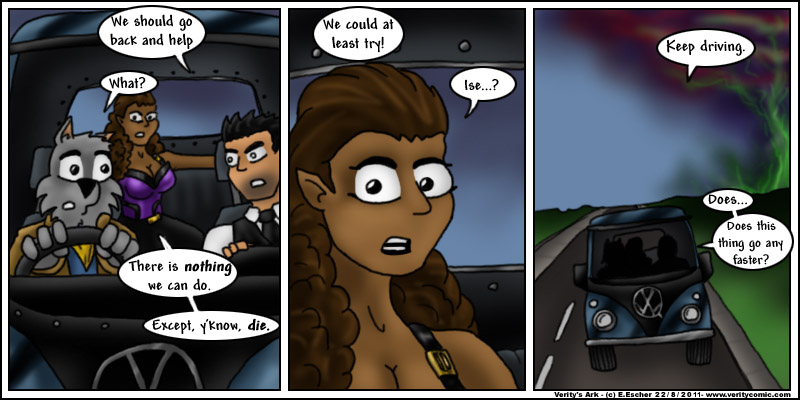 Isegrim, Rommel and Taradesh escape in the battlebus