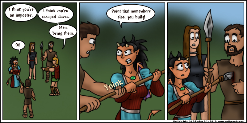Miki grabs a spear